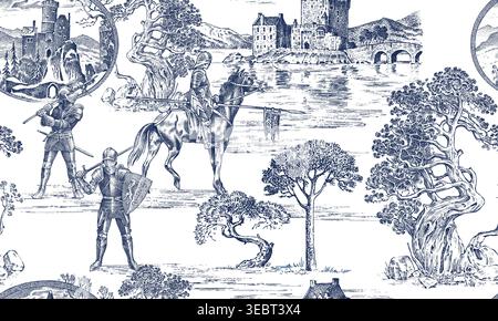 Medieval toile de jouy seamless pattern with Knights armoured and horseback in front of castles and forest with old trees and pines. England and Stock Vector
