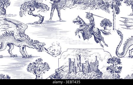 Medieval toile de jouy seamless pattern with Dragon and Knights armoured and horseback in front of castles with old trees and pines. England and Stock Vector