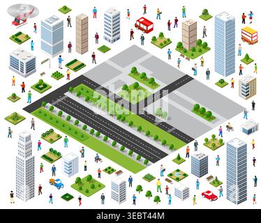 Citizens walking and driving in isometric city center with buildings and roads Stock Vector