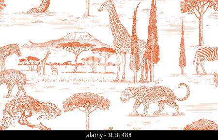 African Toile de Jouy seamless pattern with safari and Kilimanjaro. Savanna animals giraffe, leopard, antelope and zebras. Hyena and trees. perfect Stock Vector