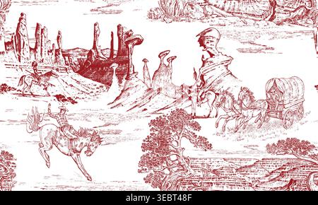 Toile de Jouy seamless pattern with a cowboy horseback jumping on Wild West with wagon carriage .Red rocks and Grand Canyon. Desert landscape and Stock Vector