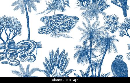 Toile de Jouy seamless pattern with python snake and boa constrictor and goshawk. plants palms in tropical forest. Exotic trees and bushes perfect for Stock Vector