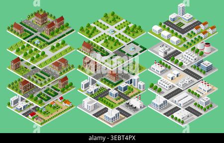 Set of isometric city tiles representing urban infrastructure Stock Vector
