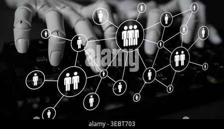 Unique visual representation of robotic hands typing on a keyboard, symbolizing digital interaction and connection in a high-tech, networked world. A Stock Photo