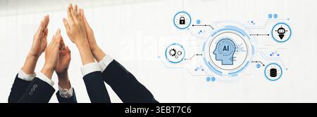 Business professionals celebrate collaboration while reaching for a digital representation of artificial intelligence, symbolizing innovative growth Stock Photo