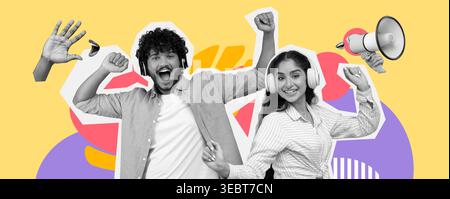 Young Indian Couple Enjoys Music Together While Dancing on a Yellow Background in a Studio Stock Photo