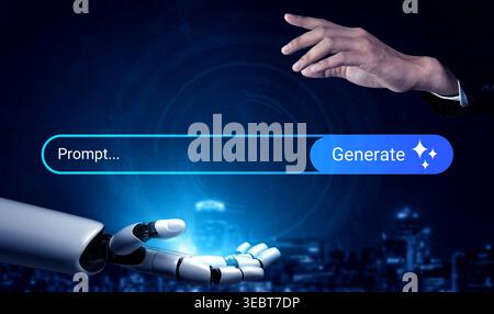 A human hand reaches out to connect with a robotic hand, symbolizing interaction between man and technology in a futuristic digital environment Stock Photo