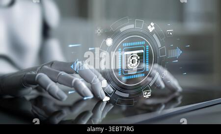 Futuristic Robot Hand Interacting With Digital Interface Displaying Data Analytics and Automation Concepts in Modern Technology Environment Quark. Stock Photo