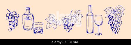Grapes and Wine Line Art Set - Hand-Drawn Vector Illustrations Stock Vector