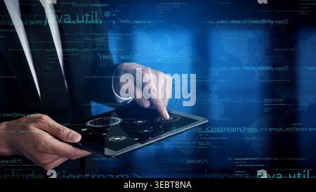 A businessman interacts with a tablet displaying digital code, illustrating cutting-edge technology and innovation in a modern workplace environment Stock Photo