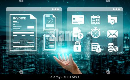 Concept showcasing a hand reaching for virtual screens filled with business icons and invoices, emphasizing digital transformation in a modern urban Stock Photo