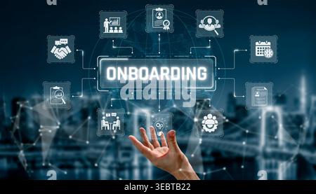 Digital Onboarding Process Concept with Icons Representing Human Resources, Communication, and Training in a Modern Business Environment Sigmoid Stock Photo