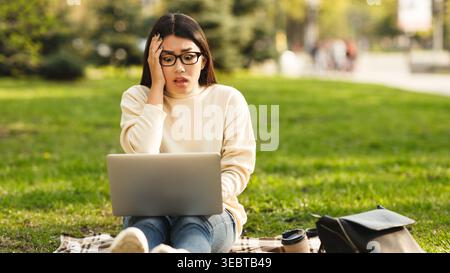Collage of a Woman Reacting to News While Using a Laptop Outdoors in a City Park Stock Photo