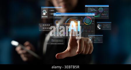 Person Interacting with Futuristic Artificial Intelligence Interface, Touchscreen Displaying Data Analytics and Charts in Dark Environment Sigmoid Stock Photo