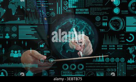 Explore a dynamic visualization of advanced communication networks featuring global data analytics, innovative interfaces, and modern connectivity Stock Photo