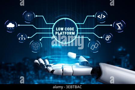 Futuristic Robotic Hand Holding Low Code Platform Concept with Digital Interface Icons Representing Modern Technology and Innovation in Software Stock Photo