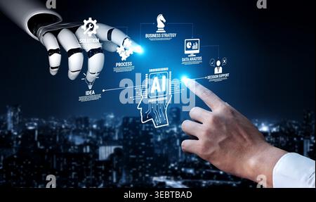 Futuristic Collaboration Between Human Hand and Robot Arm with AI Concept Over Cityscape Background Quark. Stock Photo