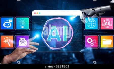 Futuristic Digital Interface Showcasing Artificial Intelligence Application with Robotic Hand Reaching Towards AI Symbol Sigmoid Stock Photo