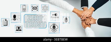 Collaborative Hands Embracing Zero Trust Concept with Security Icons in Business Environment Showing Teamwork and Modern Safety Approach Fluxor. Stock Photo