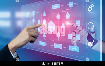Innovative Touchscreen Technology with Human Interaction and Robotic Assistance in a Modern Digital Environment Quark. Stock Photo