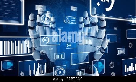 A striking representation of robotic hands interacting with advanced user interface screens, highlighting themes of technology, artificial Stock Photo