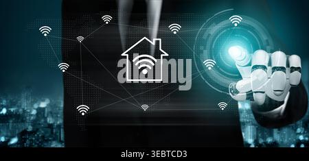 A futuristic businessman interacts with smart home technology using a robotic hand, highlighting innovation and connectivity in a modern urban Stock Photo
