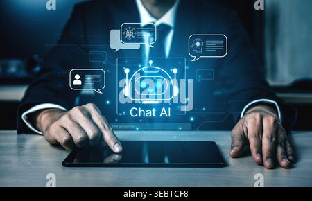 Futuristic AI chatbot with autonomous agent capabilities, AI natural language understanding, and seamless business workflow AI integration. AI for Stock Photo