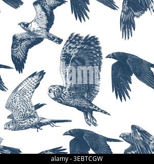 Birds of prey flying Hand drawn seamless pattern. Engraving woodcut style illustration with owls and eagles. Crow and osprey, kestrel. Very detailed Stock Vector