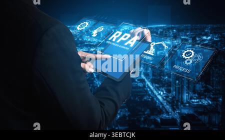 Futuristic Businessman Interacting with Digital Interface Representing Robotic Process Automation in Modern Cityscape Sigmoid Stock Photo