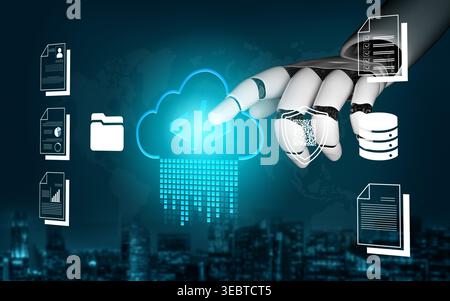 Futuristic Robotic Hand Interacting with Cloud Technology Interface Featuring Data Transfer and Digital Storage Concepts Fluxor. Stock Photo