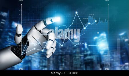 A futuristic robotic hand interacts with a data analytics interface, illustrating the intersection of advanced technology and innovative solutions in Stock Photo