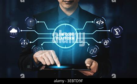 Business Professional Interacting with Low Code Platform Technology Interface on Digital Tablet in Modern Workspace Quark. Stock Photo