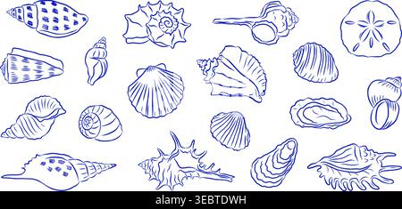 Seashell set. Hand drawn blue line art mediterranean doodle style. La Dolce Vita. Ideal for marine design, prints, coloring pages, summer packaging, coastal themed decor. Vector illustration Stock Vector