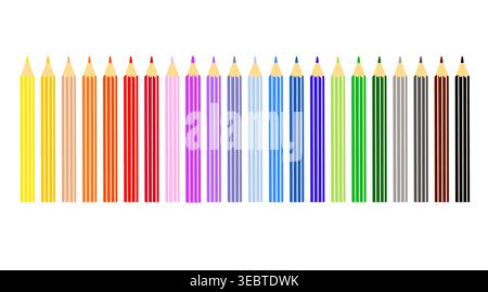 Coloured striped pencils with sharp tips arranged in line, school accessory simple hand drawn illustration, stationary object back to school concept, painting material, tool for hobby, craft, drawing Stock Vector