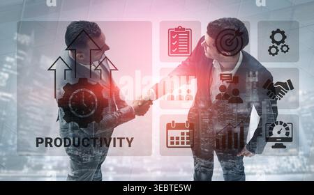 Two businessmen engage in a handshake symbolizing teamwork and productivity, enhanced by digital icons in a contemporary office setting, emphasizing Stock Photo