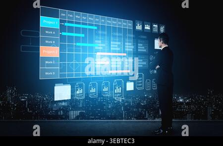 Digital visualization of multiple project timelines with progress tracking, documents, and team collaboration symbols Parse Stock Photo