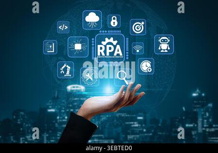 Innovative Hand Reaching for RPA Icons on a Digital Interface Representing Automation and Technology in a Modern City Nightscape Background Fluxor. Stock Photo