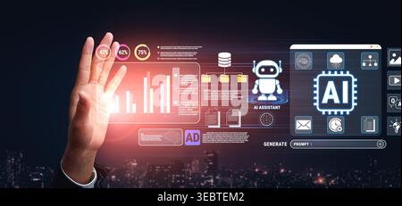 Futuristic Visual Interface with AI Assistant and Data Analysis Overlays in a Night Cityscape Background with Chart and Graph Elements Fluxor. Stock Photo