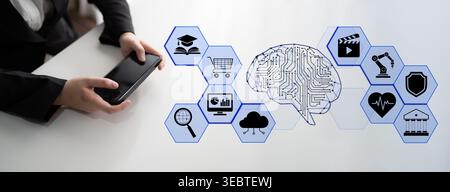 Person Holding Smartphone Surrounded by Connectivity Icons and Abstract Brain Graphic Symbolizing Technology and Innovation in Modern Life Quark. Stock Photo