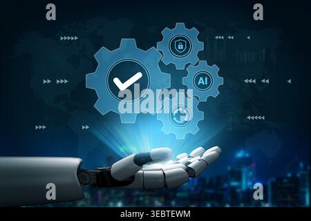 A robotic hand showcases digital gears and symbols of AI and security, representing the fusion of technology and innovation against a futuristic Stock Photo