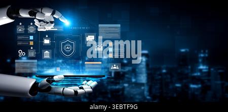 A robotic hand showcases digital elements related to artificial intelligence, data analytics, and cybersecurity in a futuristic environment Stock Photo