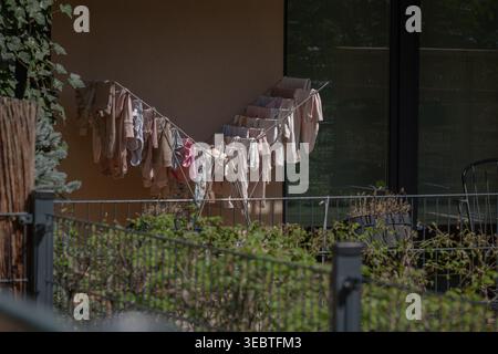 Clothes Drying on Balcony Rack Everyday Home Routine Lifestyle Stock Photo
