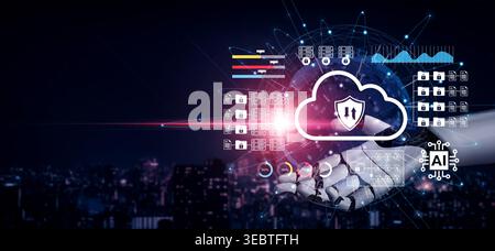 A visual representation of cloud computing and artificial intelligence showing cybersecurity measures. The digital hand symbolizes modern technology Stock Photo