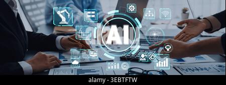 Modern Business Meeting with AI Technology Visualization and Collaboration among Professionals in a Contemporary Office Environment Quark. Stock Photo