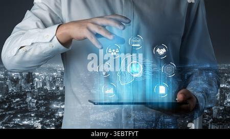 Businessman Using Tablet with AI Icons in Night Cityscape Showing Digital Transformation and Technological Innovation Quark. Stock Photo