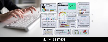 Hands Typing on Keyboard with Data Visualization and Ads Management Dashboard Displaying Statistics and Graphs for Digital Marketing Analysis Quark. Stock Photo