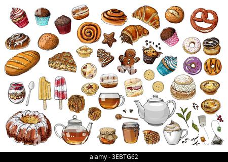 Food vector icons color sketch. Pastries, buns, tea and coffee, sweets and donuts Stock Vector