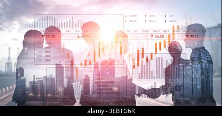 Dynamic business partnership scene featuring a handshake with overlapping stock market visuals, symbolizing growth and success in a vibrant urban Stock Photo
