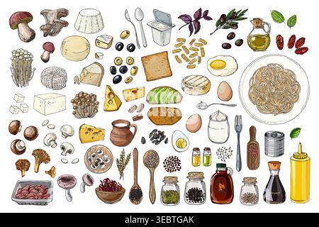 Food vector icons color sketch. Dishes, pasta, food, cheese, mushrooms, dairy products, spices and sauces Stock Vector