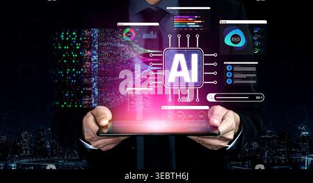 Businessman Holding Tablet with AI Interface, Data Visualization, Digital Technology Concept in Dark Environment with Urban City Background Sigmoid Stock Photo